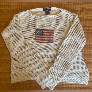 Ralph Lauren Cream Open-Knit Crewneck Sweater with Flag Patch